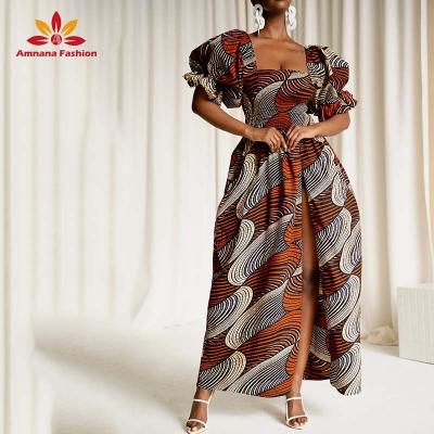 China Puffy sleeves MAXI cotton AFRICAN PRINT SMOCKED DRESS can be worn on or off shoulder front zipper split dresses for sale