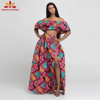 China New Design Fashion African Women Cotton Off Shoulder 100% Crop Top And Skirt Cotton Wax Print 2 Piece Sets for sale