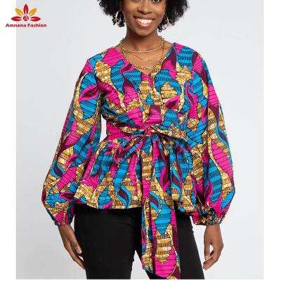 China African Ankara Tops Puff Sleeve Peplum Blouse V-Neck Cotton Print Belt Adjustable 100% Cotton Tops for sale