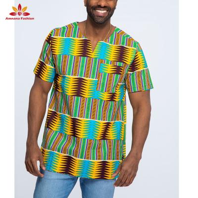 China Cotton Customize High Quality New Style Mens Short Sleeve Shirt Tunic Style V-Neck Ankara 100% Cotton Ankara Shirts for sale