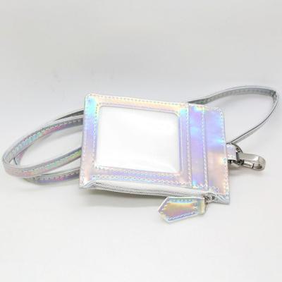 China Normcore/Fashion Minimalist Glitter Holographic Laser PU Badge Holder Lanyard with 4 Card Slot and Side Zipper Pocket for sale