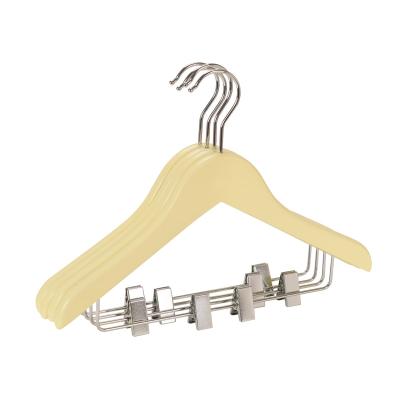 China Scandinavian Yellow Colorful Clothes Hanger For Kids With Staples Kids Coat Hanger Wholesale Space Saving Wooden Hangers for sale