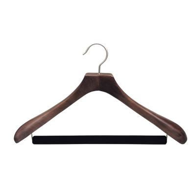 China Clothing OEM Luxury Wooden Walnut Color Suit Custom Cloth Hanger For Fashion Store Free Sample for sale