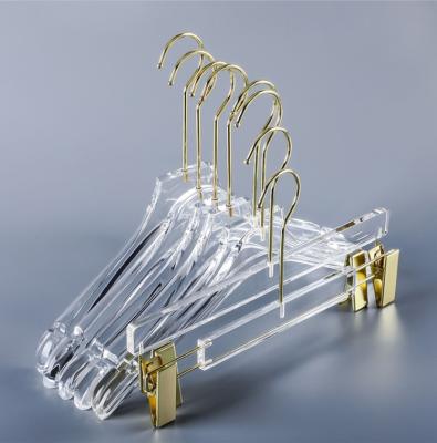 China Transparent luxury acrylic for coat hangers hook gold metal chrome clips hang acrylic hangers for sale