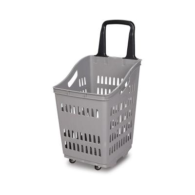 China Easy-Carrying 70 Liters Supermarket Grocery Rolling Plastic Basket With Wheels for sale