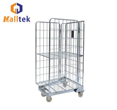 China Galvanized Collapsible Rolling Cart Mesh Metal Roll Container Three Door Wire Cage For Storage for sale