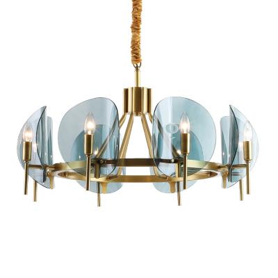 China Residential American Style 6 Brass Blue Glass Chandelier Lights Modern Copper Pendant Lamp for sale