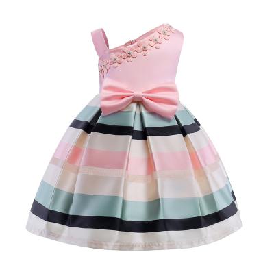 China New Fashion Breathable Pearl Shoulder Strap Elegant Princess Striped Dress For Kids Girls for sale