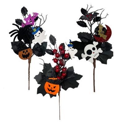 China Silk fabric. Plastic. Wholesale Artificial Wire Halloween Skull Pumpkin Spider Flower Branches Halloween Home Decorating Props Decorations for sale