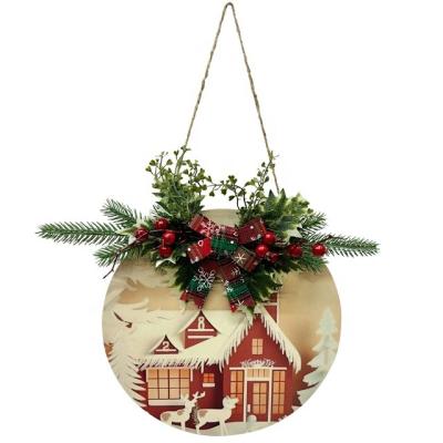 China Christmas Home Decoration Wooden Home Door Decorative Listing Tag Hanging Simulated Green Plants Christmas Wall Decorations for sale