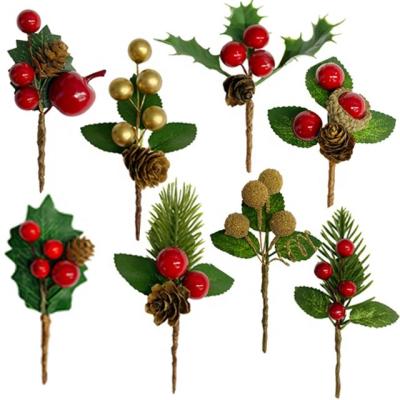 China Red Christmas Cloth Berrys Gift Accessories Pine Silk Pine Cones Needles Decoration For Christmas Xmas Holiday Family Party for sale