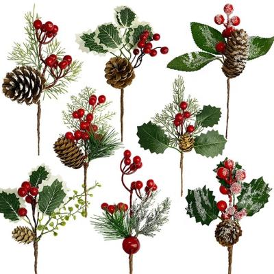 China Artificial Flower Holly Branch Decor Berry Needles Festival Decoration Pine Bell Sprays Twigs Garlands Artificial Red Pine Cone Decoration for sale