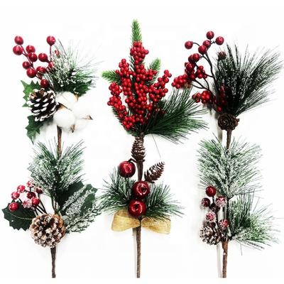 China Artificial Flower Holly Branch Pine Bell Decor Berry Needle Christmas Decorations Sprays Twigs Garlands Artificial Red Pine Cone Decoration for sale