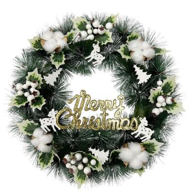 China Holiday Decoration OEM Wholesale Price Simple Christmas Wreath Green Cotton and White Berry Christmas Wreath Decor for Front Entrance Christmas Wreath for sale