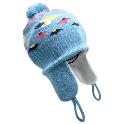 China JOINT Blue Winter Hat Earflap Kids Custom Designer With Yarn Pompom for sale