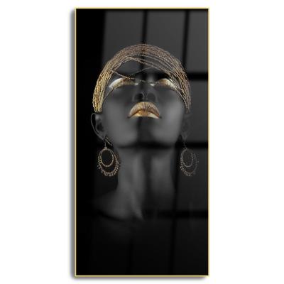 China Hotsale Modern Home Decor Wall Painting 3 Panel Framed African Lady Porcelain Crystal Painting for sale