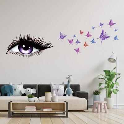 China Waterproof+Eco-friendly Purple Colorful Women's Eyes Butterflies Flying Colorful PVC Frosted Decorative Stickers Wall Decals for sale