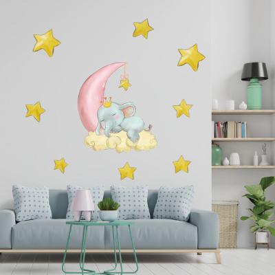 China Waterproof+Eco-friendly Cartoon Elephant Cub Sleeping on Moon Star Sticker PVC Frosted Custom Decorative Wall Decal for sale