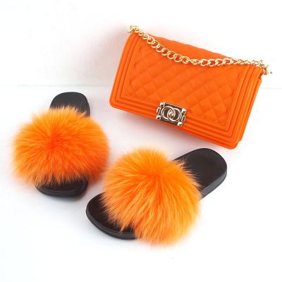 China Fashion Trend Design New Style Outdoor Sandals Fox Fur Slides Real Fox Fur Slipper Jelly Bag Fur Slides With Purse Set For Women for sale