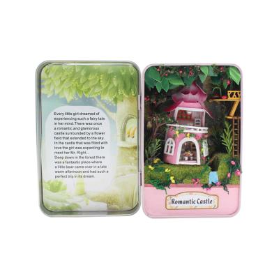 China Popular tin box with light and furniture diy wooden miniature kids tin dollhouse box theater for sale