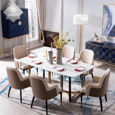 China Custom Italian Luxury Modern Rectangle Diningroomsets Gold Stainless Steel Dining Table and 6 Chairs Dining Set Dining Table Set for sale