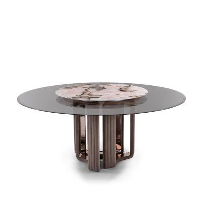 China Italian Style Stainless Steel Table Leg Extendable Table Space Saver Round Vein Luxury Marble Superb Modern Dining Table for sale