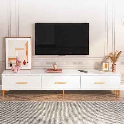 China Luxury Design Modern Living Room Furniture Set Gold Stainless Steel Stand Wooden Cabinet Tv Stand for sale