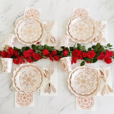 China Food Grade Wholesale Price Paper Plate Cup Paper Napkin Sets Oriental Golden Flowers for sale