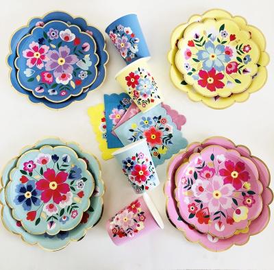 China Food Grade Wholesale Price Paper Flowers Paper Plates Cups Napkins Sets Chinoiserie for sale