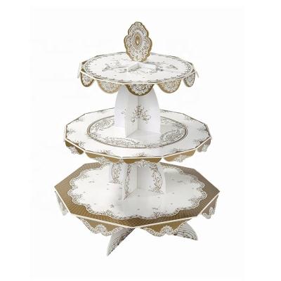 China Vintage Wholsale Price 3 Tiers Paper Cake Stands Biscuit Tower Stand Food Grade Paper Canton Fair for sale