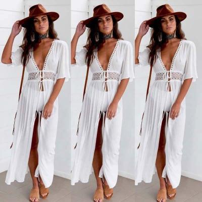 China Plus Size 3XL Plus Size Beach Long Maxi Dress Women Beach Cover Up Tunic Pareo V-Neck Long Dress Swimwear Swimwear White Beachwear for sale