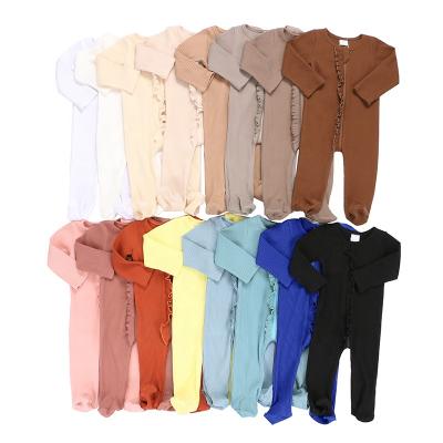 China Spandex/cotton autumn winter sheath long solid color ruffle girl ribbed cotton baby clothes rib baby romper for sale