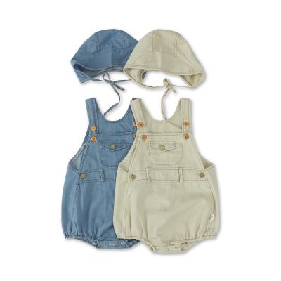 China Fashion RTS summer cute baby clothes pure color baby romper costume newborn baby denim overalls with hat for sale