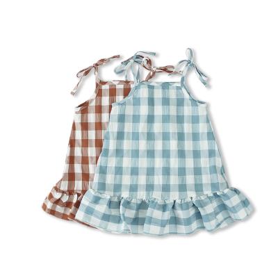 China Designer Design Baby Summer Casual Puff Sleeve Plaid Princess Dress Kids Wear Washable Girl Ruffles Dress for sale