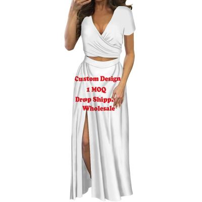 China Breathable Dropshipping Clothing Women Short Sleeve Long Dress Suit V Neck Cross Navel Exposed Top Slit Long Skirt Custom Sexy Lady Sets for sale