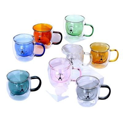 China Sustainable Manufacturers Creative Cute Bear Shaped Double Wall Glass Mug With Handle for sale