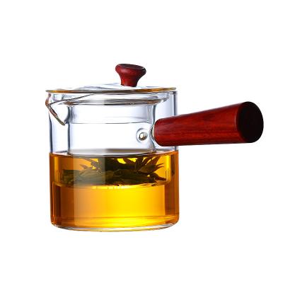 China Modern Cheap Viable Side Chinese Clear Heat Resistant Wooden Handle Kettle Glass Teapot for sale