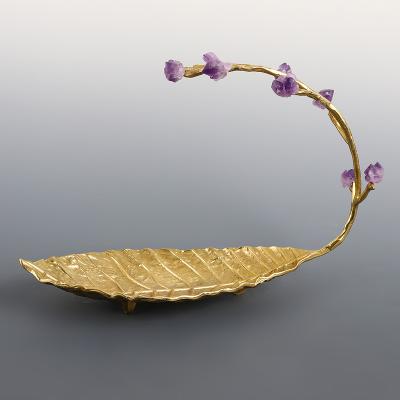 China Sustainable Nordic Brass Fruit Bowl Leaf Storage Candy Dish Serving Decorative Trays For Table Decor for sale