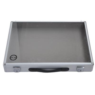 China Aluminum+Cheap ABS Towel+Hardware+Foam Briefcase Aluminum MDF Board+Demo Box Flight Lock Hardware Aluminum Glass Top Display Case for sale