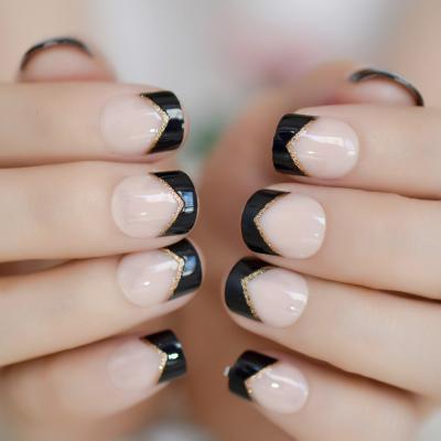 China High Quality Design Nude Color Press On Nail Black Nail Tip For Girl Short Gold Glitter Squoval Fake Nails for sale