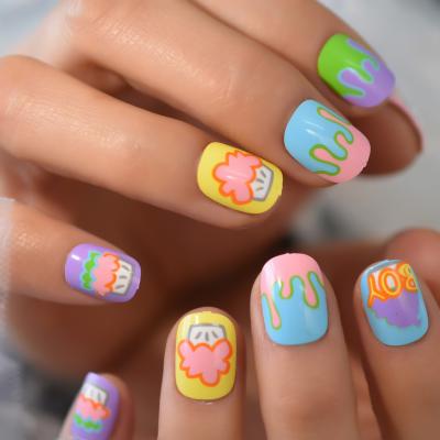 China High Quality Short Round Fake Nail Art Acrylic With Strange Pattern Design Harajuku Style Press On Nail for sale