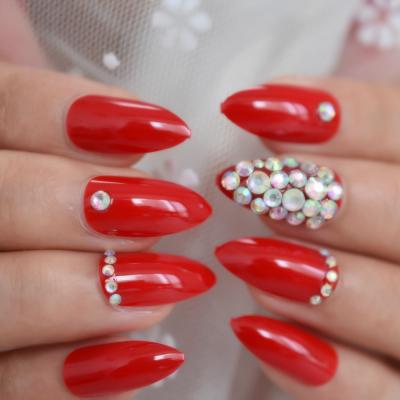 China Simple Design Design Press On Nail Full Cover Decoration With AB Faux Stones Middle Stiletto Nails for sale