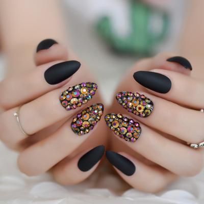 China Colorful Design Lady Press On Nail Acrylic With Luxury 3D Crystal Rhinestones Medium Matte Almond Fake Nail for sale