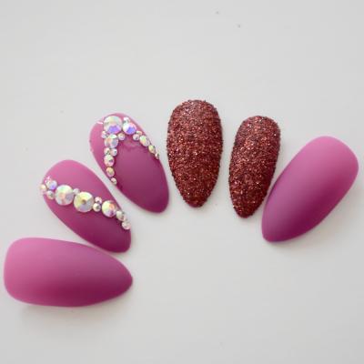 China Design Colorful Acrylic Nail False With V Shape Matte Glitter Press On Nails Medium Stiletto Fake Stones for sale