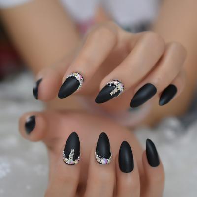 China Luxury False Design Ab Nails Color With 3D Trident Stones Pattern Frosted Matte Stiletto Pointed Fake Nails for sale