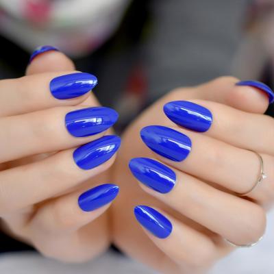 China Pure Royal Blue Pointed Design Fake Nails False Nails UV Gel Effect Manicure Wear Medium Stiletto Nails Art Tips for sale