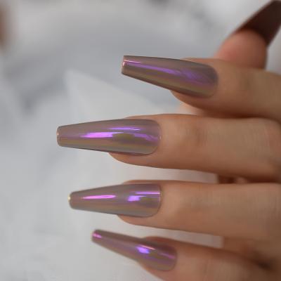 China Aurora Mermaid Light Design Long Head Coffin Coffin Flat False Wearable Fake Nail Design Super Finished Nail Tip Nails Chrome for sale