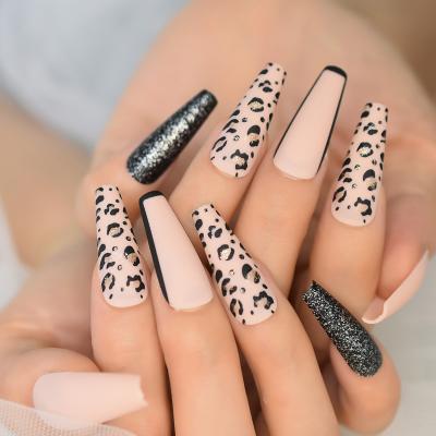 China Extra Long Design Beige Press On Nails Popular Matte Leopard Pattern Designed Finger Fake Ballerina Coffin Nails for sale