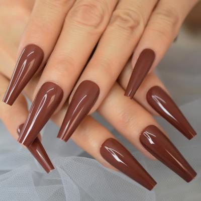 China Dark Brown Coffin Nails Ballerina Design Color Reusable Wear Long Full Cover Fake Nail UV Stunning Pure Glossy Fake Ballet for sale