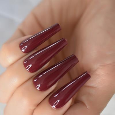 China 24pcs Design Ballerina False Nails Shiny Pure Burgundy Red Wine Color Long Coffin Press On False Nail Tips Manicure For Women Girls for sale